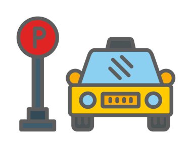 Çember vektör illüstrasyonunda park simgesinin yanındaki araba