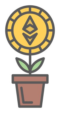 Ethereum işareti, saksı simgesi içinde bitki büyüyen vektör illüstrasyonu