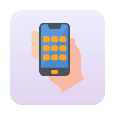 Telefon ekranı simgesi vektör illüstrasyonuyla el ele tutuşur. Erkek eli ve akıllı telefonun düz vektör çizimi