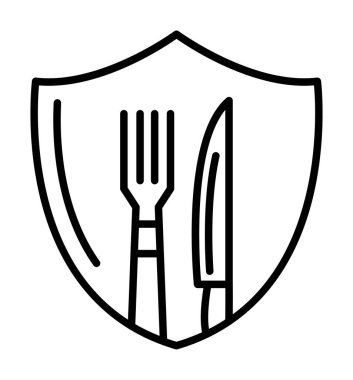 Çatal ve bıçak ikonlu kalkan. Yemek, güvenlik, restoran, kafe. vektör illüstrasyonu