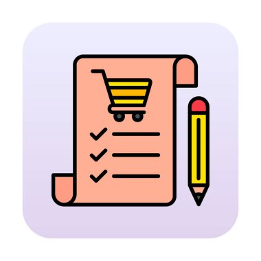 Alışveriş listesi simgesi, alışveriş arabası ve kalem, vektör illüstrasyonu