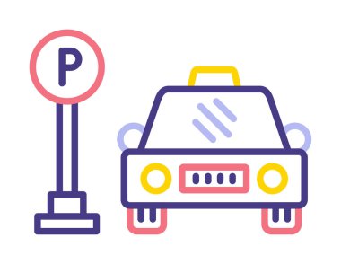 Çember vektör illüstrasyonunda park simgesinin yanındaki araba