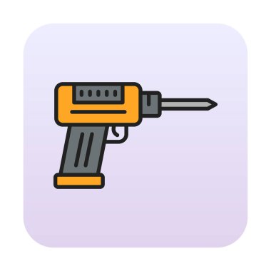 Düz dizaynlı el matkabı simgesi. Tamirci konsepti için matkap simgesi. Çizgi film dizaynında ev aletleri. Tamirci için elektrikli cihaz. Vektör illüstrasyonu