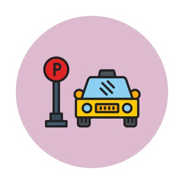Çember vektör illüstrasyonunda park simgesinin yanındaki araba