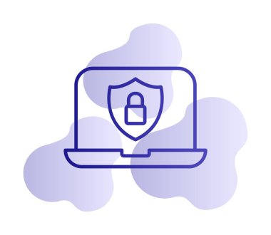 Veri Güvenlik simgesi, kalkan ve asma kilitli dizüstü bilgisayar, vektör illüstrasyonu