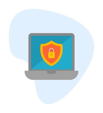 Veri Güvenlik simgesi, kalkan ve asma kilitli dizüstü bilgisayar, vektör illüstrasyonu