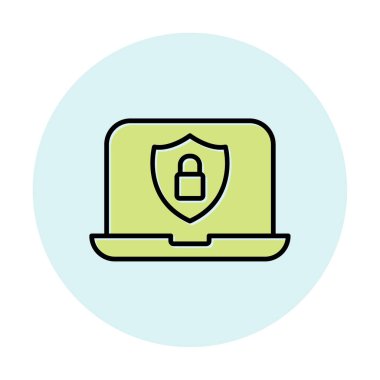 Veri Güvenlik simgesi, kalkan ve asma kilitli dizüstü bilgisayar, vektör illüstrasyonu