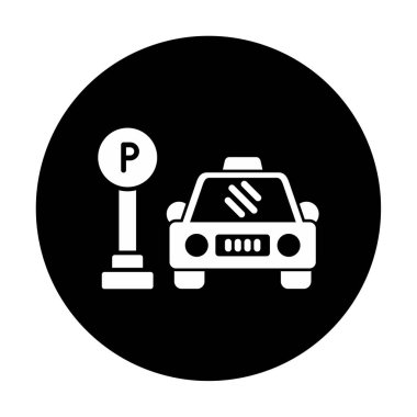 Çember vektör illüstrasyonunda park simgesinin yanındaki araba