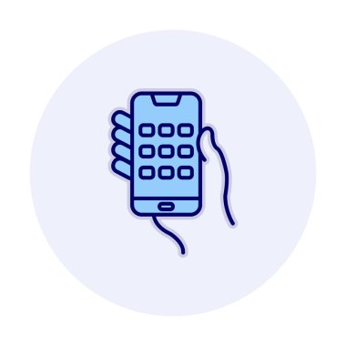 Telefon ekranı simgesi vektör illüstrasyonuyla el ele tutuşur. Erkek eli ve akıllı telefonun düz vektör çizimi