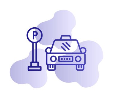 Çember vektör illüstrasyonunda park simgesinin yanındaki araba