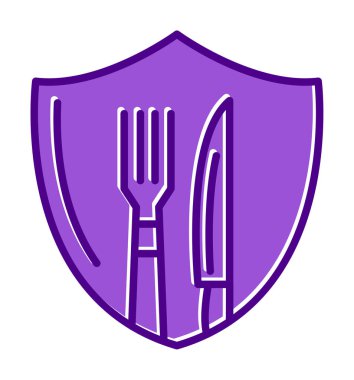 Çatal ve bıçak ikonlu kalkan. Yemek, güvenlik, restoran, kafe. vektör illüstrasyonu