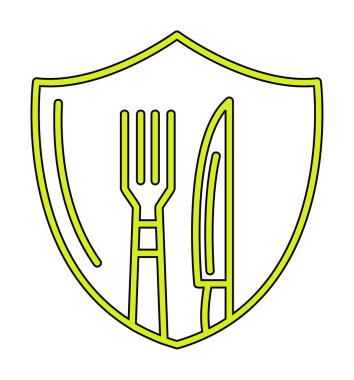 Çatal ve bıçak ikonlu kalkan. Yemek, güvenlik, restoran, kafe. vektör illüstrasyonu