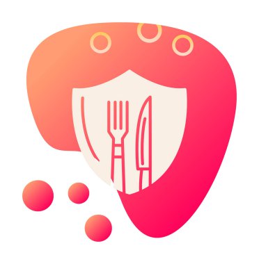 Çatal ve bıçak ikonlu kalkan. Yemek, güvenlik, restoran, kafe. vektör illüstrasyonu