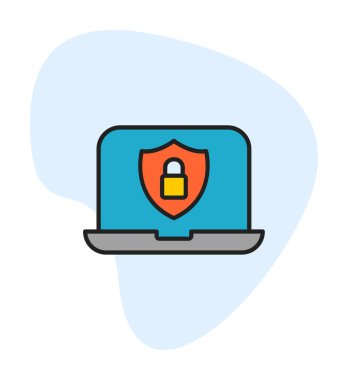 Veri Güvenlik simgesi, kalkan ve asma kilitli dizüstü bilgisayar, vektör illüstrasyonu