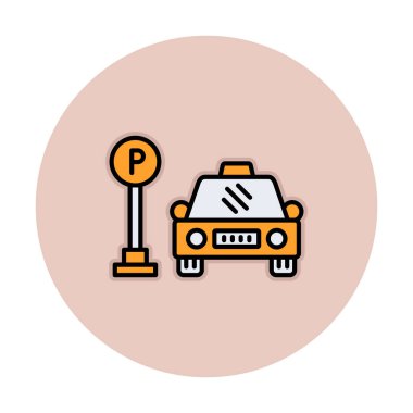 Çember vektör illüstrasyonunda park simgesinin yanındaki araba