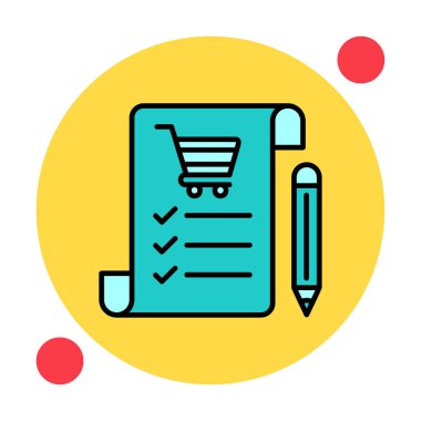 Alışveriş listesi simgesi, alışveriş arabası ve kalem, vektör illüstrasyonu