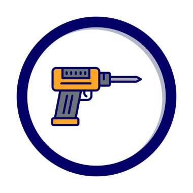 Düz dizaynlı el matkabı simgesi. Tamirci konsepti için matkap simgesi. Çizgi film dizaynında ev aletleri. Tamirci için elektrikli cihaz. Vektör illüstrasyonu