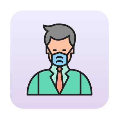 Yüz maskesi çizgisi ikonu, hastalık önlemenin vektör piktogramı. Koronavirüsten korunma giysisi, hava kirliliği, toz, grip illüstrasyonu, tıbbi gereç deposu tabelası.