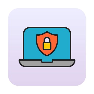 Veri Güvenlik simgesi, kalkan ve asma kilitli dizüstü bilgisayar, vektör illüstrasyonu