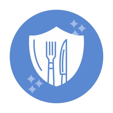 Çatal ve bıçak ikonlu kalkan. Yemek, güvenlik, restoran, kafe. vektör illüstrasyonu