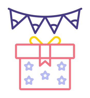 Festival çelengi bayrakları ve hediye kutusu simgesi, vektör illüstrasyonu 