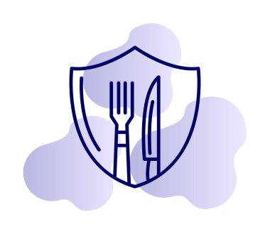 Çatal ve bıçak ikonlu kalkan. Yemek, güvenlik, restoran, kafe. vektör illüstrasyonu