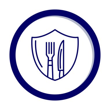 Çatal ve bıçak ikonlu kalkan. Yemek, güvenlik, restoran, kafe. vektör illüstrasyonu