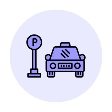 Çember vektör illüstrasyonunda park simgesinin yanındaki araba