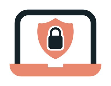 Veri Güvenlik simgesi, kalkan ve asma kilitli dizüstü bilgisayar, vektör illüstrasyonu