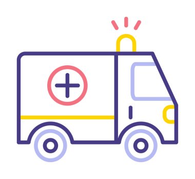 Basit renklerde ambulans arabası vektör simgesi. Yandan görüntüle
