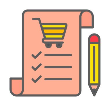 Alışveriş listesi simgesi, alışveriş arabası ve kalem, vektör illüstrasyonu