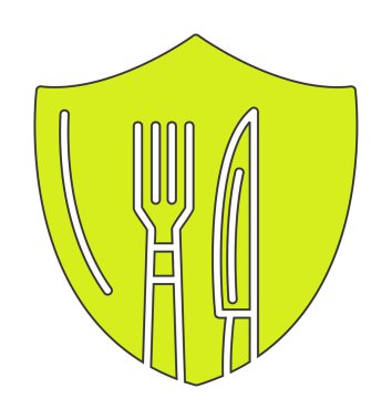 Çatal ve bıçak ikonlu kalkan. Yemek, güvenlik, restoran, kafe. vektör illüstrasyonu