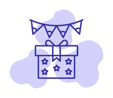 Festival çelengi bayrakları ve hediye kutusu simgesi, vektör illüstrasyonu 