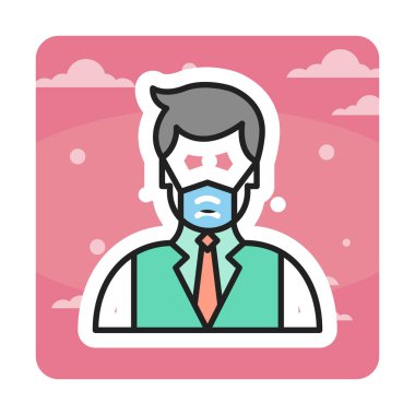 Yüz maskesi çizgisi ikonu, hastalık önlemenin vektör piktogramı. Koronavirüsten korunma giysisi, hava kirliliği, toz, grip illüstrasyonu, tıbbi gereç deposu tabelası.