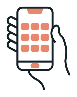 Telefon ekranı simgesi vektör illüstrasyonuyla el ele tutuşur. Erkek eli ve akıllı telefonun düz vektör çizimi