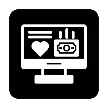 Para ve kalp web simgesi, vektör illüstrasyonlu bilgisayar monitörü