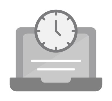 Saat simgesi olan dizüstü bilgisayar, vektör illüstrasyonu. Fazla çalışma kavramı                