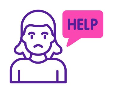 Yardımcı konuşma balonu simgesi, vektör illüstrasyonlu üzgün kadın