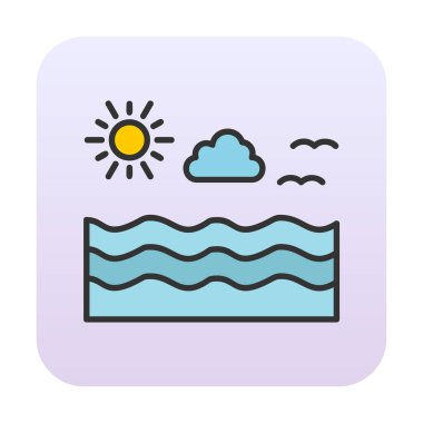 Uçan martılar ikonuyla güneş ve denizin vektör çizimi 