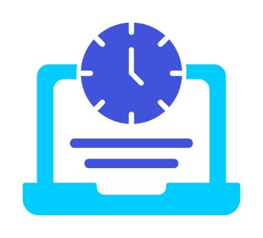 Saat simgesi olan dizüstü bilgisayar, vektör illüstrasyonu. Fazla çalışma kavramı                