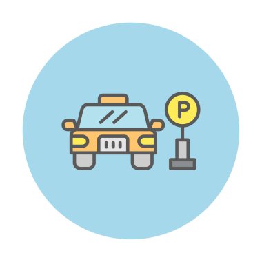 Çember vektör illüstrasyonunda park simgesinin yanındaki araba