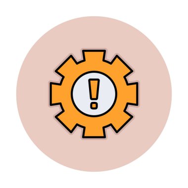 Cogwheel ve ünlem işaretli Uyarı düz simgesinin vektör çizimi