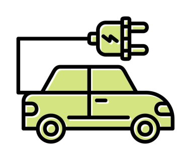 Elektrikli araba ikonu. Elektrikli otomobil ve şarj sembolü. Çevre dostu elektro araç konsepti. Vektör illüstrasyonu 