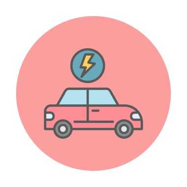 Elektrikli araba ikonu. Elektrikli otomobil ve şarj sembolü. Çevre dostu elektro araç konsepti. Vektör illüstrasyonu 