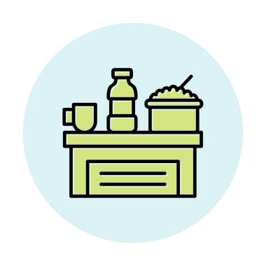 Şişeli masa, bir kase pirinç ve bir fincan ikon vektör illüstrasyonu.