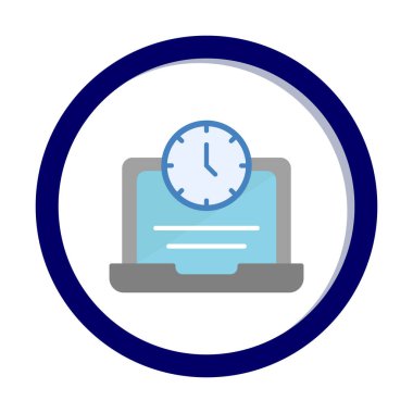 Saat simgesi olan dizüstü bilgisayar, vektör illüstrasyonu. Fazla çalışma kavramı                