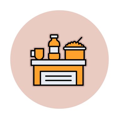 Şişeli masa, bir kase pirinç ve bir fincan ikon vektör illüstrasyonu.