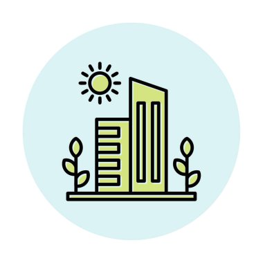 Güneş, bitkiler ve binalar vektör çizimi. Yeşil Şehir kavramı                            