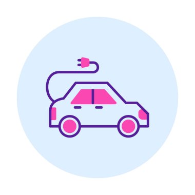 Elektrikli araba ikonu. Elektrikli otomobil ve şarj sembolü. Çevre dostu elektro araç konsepti. Vektör illüstrasyonu 