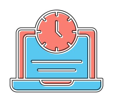 Saat simgesi olan dizüstü bilgisayar, vektör illüstrasyonu. Fazla çalışma kavramı                